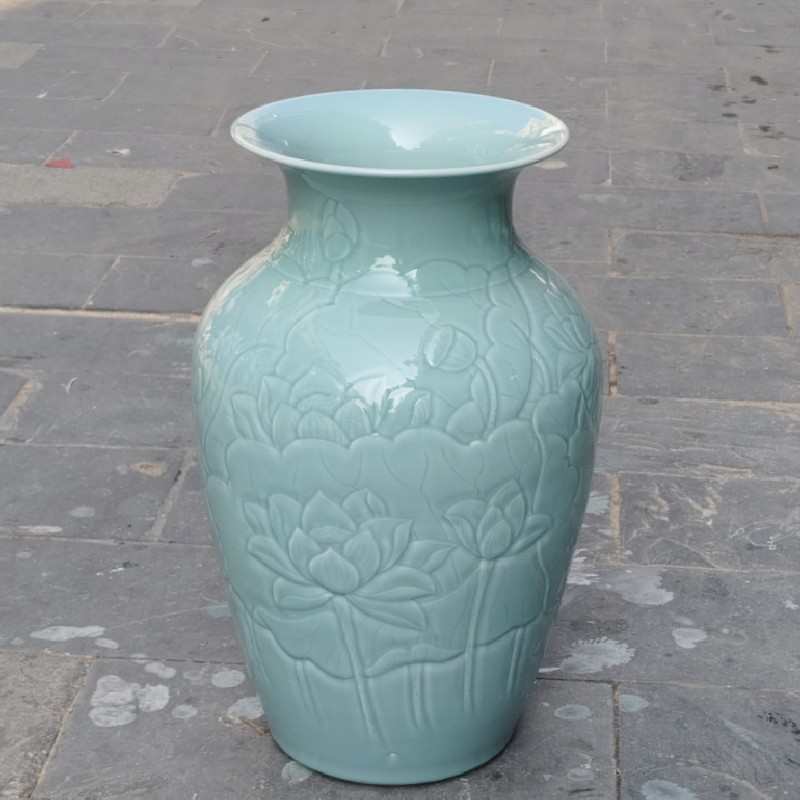 景德镇手工雕刻青釉缠枝莲荷花大赏瓶落地花瓶典雅新中式装饰摆件
