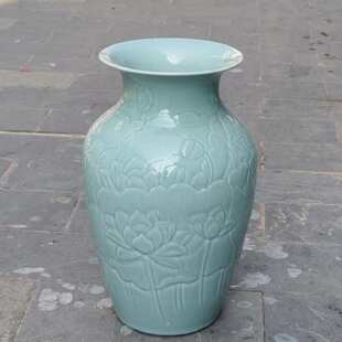 手工典雅青釉摆件新枝大赏莲荷缠落地中式景德镇花雕刻花瓶装饰瓶