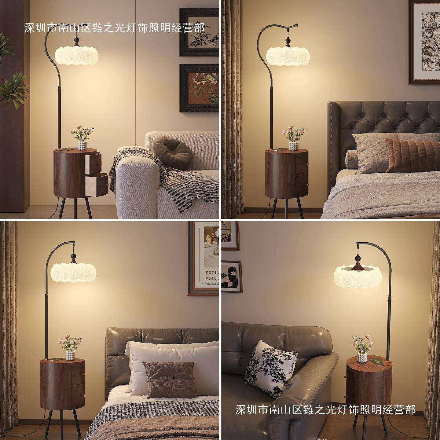 中古风落地灯法式复古胡桃木色氛围感客厅沙发旁卧室床头柜一体灯