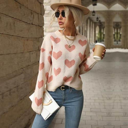Valentines Day Casual Heart Long Sleeve Pink Sweater