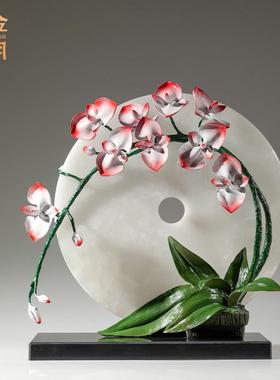 铜金岁月月润兰馨兰花玉石黄铜摆件客厅博古架角几仿真花草铜摆件