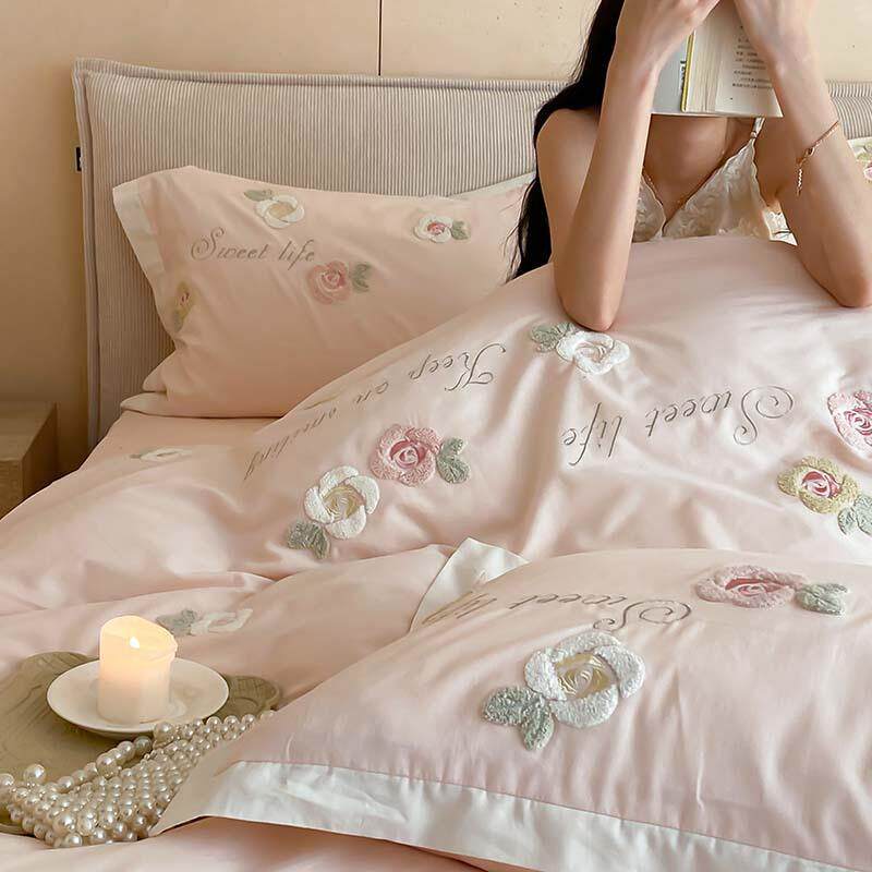 少女心100支磨毛四件套纯棉全棉被套花朵毛巾绣加厚床单床上用品