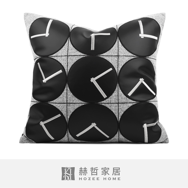 现代轻奢简约钟表图案样板房客厅沙发贴皮绣线抱枕靠垫枕套