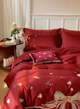 婚庆长绒棉四PMK套被全棉100支床高端提件花纯棉红色套床单结婚上