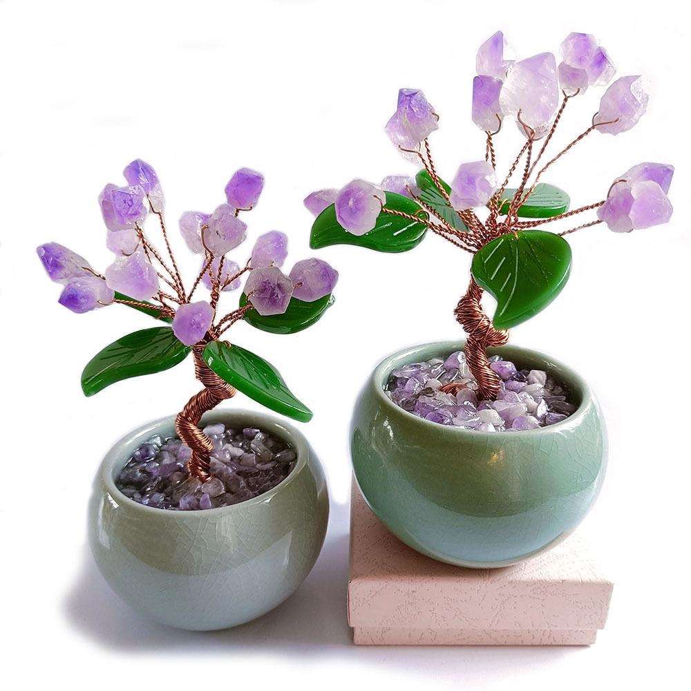 紫晶牙花紫水晶树发财树陶瓷底座水晶碎石工艺品桌面摆件家居装饰