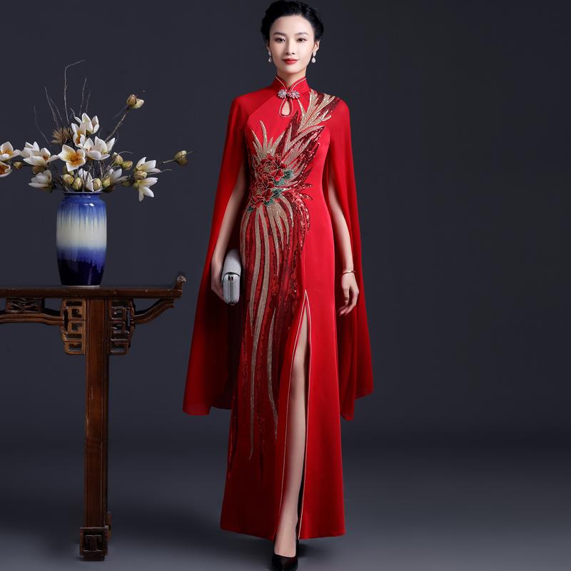 高档中国风舞裙台古筝水袖演服出显瘦鱼尾高开叉袍连衣年会走旗秀