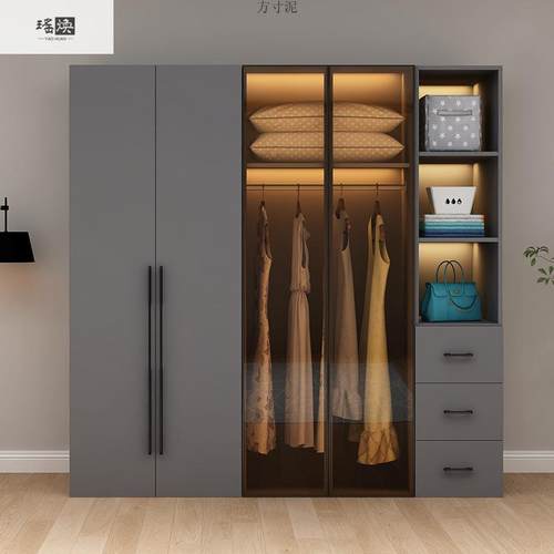 轻实木柜家衣用卧合室现ZGM代简约衣帽间玻奢璃拉门组柜子大衣橱