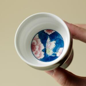 入野归松手绘粉彩青芜蝶梦大高足喝茶品茗杯清新竹叶绿个人专用杯
