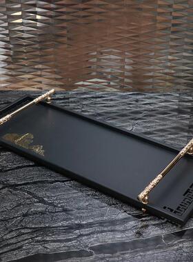 现代新中式铁艺托盘家居收纳金属几何玄关桌面手提装饰托盘摆件