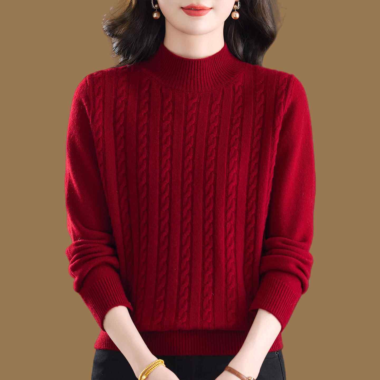 鄂尔多斯市高端100%纯羊绒衫女新款妈妈装麻花半高领毛衣加厚打底