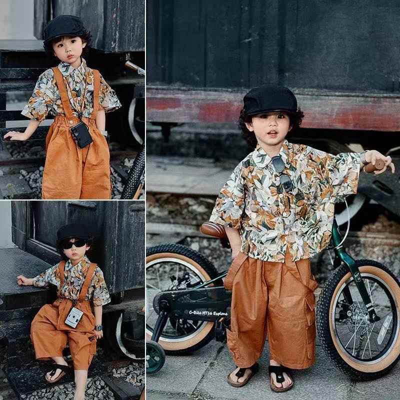 韩版童装儿童夏款度假风海边短袖花朵衬衫港风痞帅男童宽松花衬衣