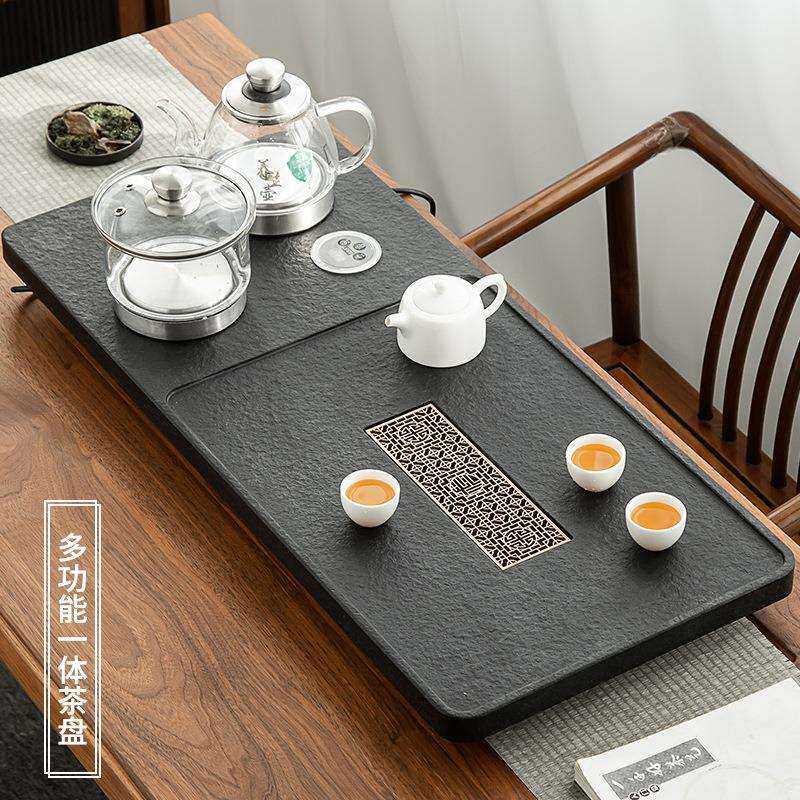 乌金石茶盘火烧石一体烧水壶家用大号排水茶台石头整块简约托盘