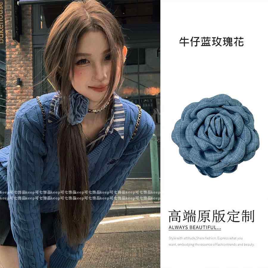 牛仔蓝玫瑰花抓夹女2025新款花朵发夹后脑勺大号鲨鱼夹子头饰头花