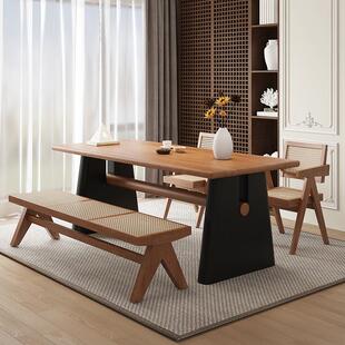 中古风实木餐桌椅组合客厅家用书桌茶桌一体原木民宿两用长方形桌