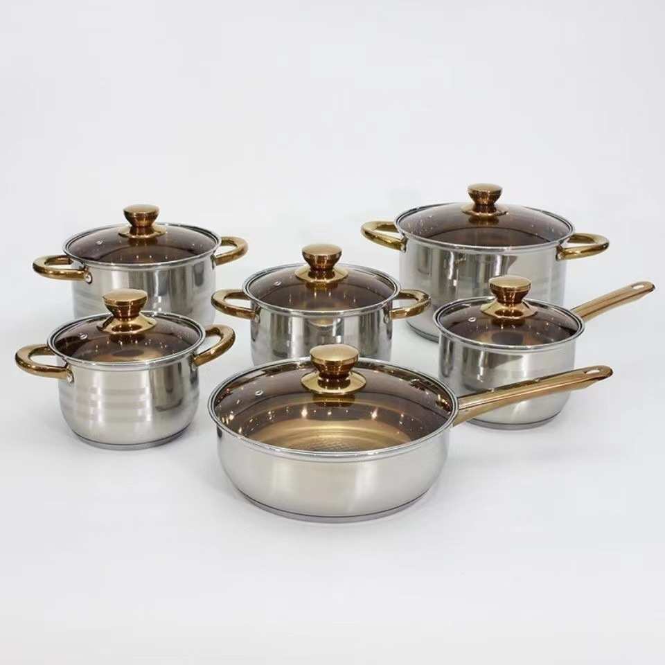 锅具套装加厚复底12件套装锅单柄奶锅双耳汤锅cookware pots set