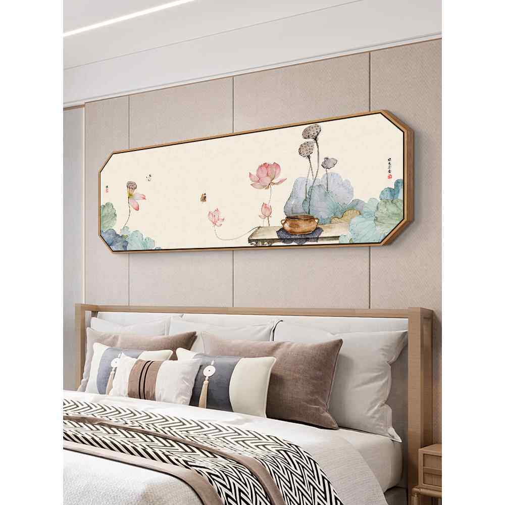 荷花壁画新中国风卧室床头装饰画客厅沙发背景墙挂画意思好墙画横