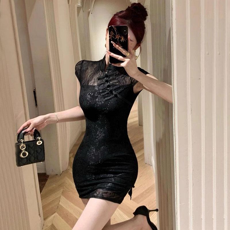 直播女主播衣服上镜高级年轻款性感短袖黑色蕾丝改良版旗袍洋装