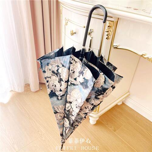 日本黑胶遮阳伞玫瑰抗UV女弯钩遮阳伞两用晴雨伞两用长柄伞