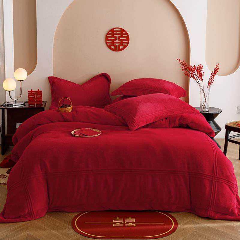 冬季加厚牛奶绒大红色结婚四件套保暖珊瑚绒被套床单新房婚庆床品,床上用品,婚庆床品套件,淘宝优惠券,粉丝福利购,淘宝优惠卷