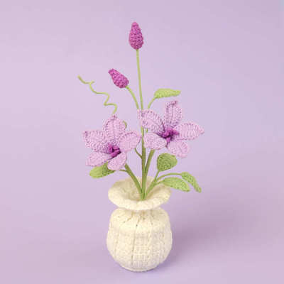 成品手工钩织铁线莲仿真花家居桌面装饰摆件萌娃线针织盆栽