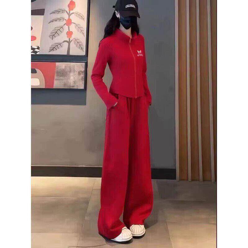 红色拉链立领卫衣套装女春季新款休闲运动风阔腿裤两件套气质穿搭