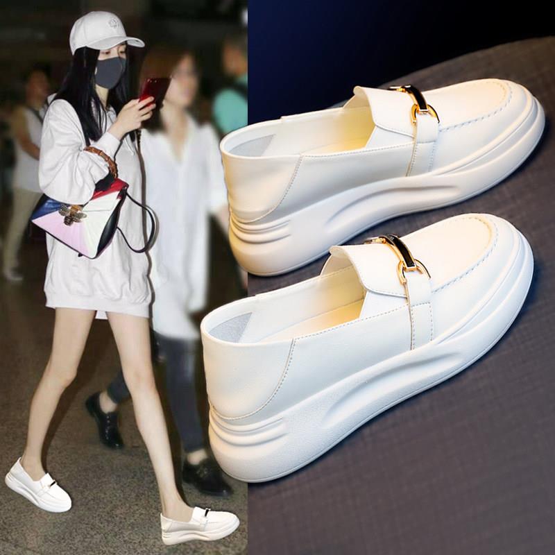 小白鞋女2025春秋新款厚底休闲内增高透气平底小个子软底乐福鞋子