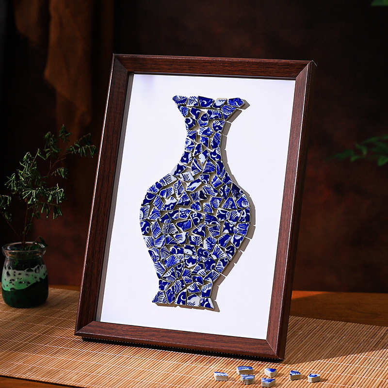 景德镇陶瓷画拼贴碎片青花瓷不规则陶瓷片摆件装饰画相框手工diy图片