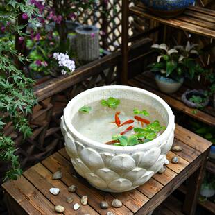 户外庭院大鱼缸白色树脂圆形鱼缸 古法生态水缸养鱼睡莲盆缸 老式