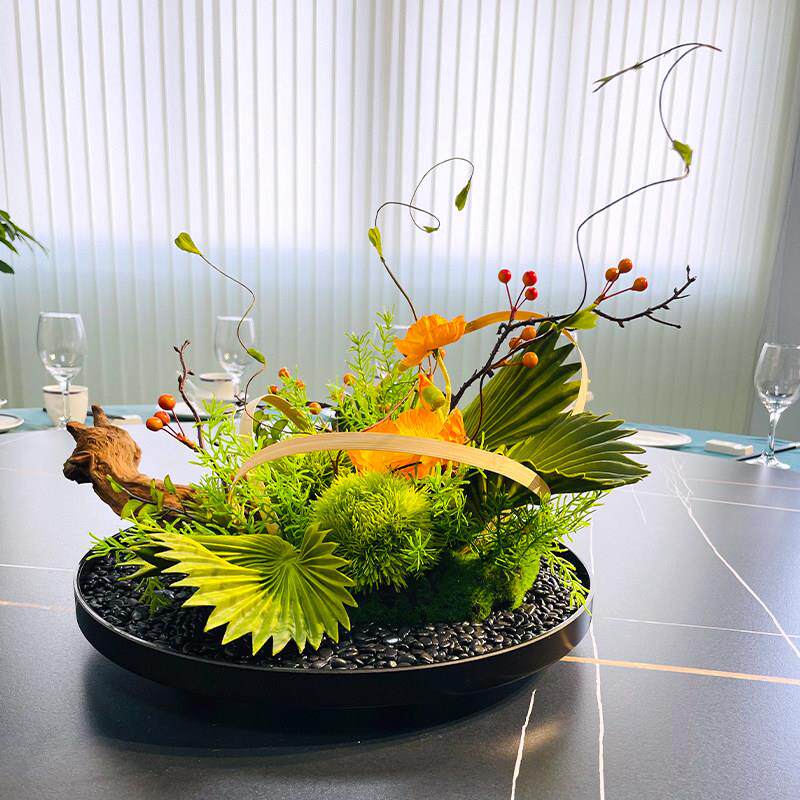 酒店圆桌转盘彷真花餐桌花摆花高端轻奢中间摆件装饰花创意茶桌花