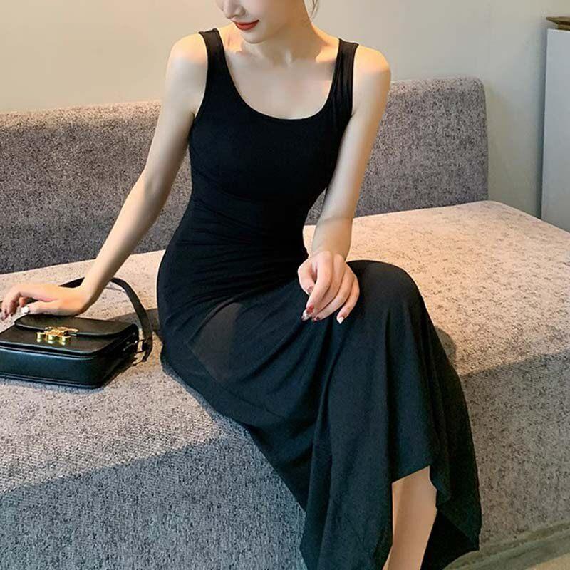 黑色莫代尔吊带背心裙女夏外穿打底内搭长款过膝显瘦减龄连衣裙子