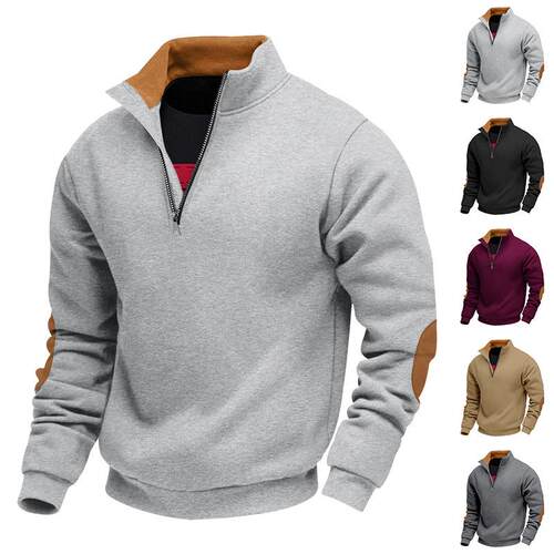 Men's zipper stand collar patch long sleeved sweatshirt