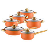 外贸不锈钢12PCS锅具套装 汤锅不粘煎锅奶锅镀金把手礼品套锅