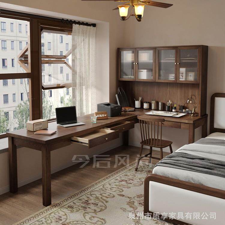 实木转角书桌书柜一体墙角学习桌复古大板工作台l型七字型电脑桌L