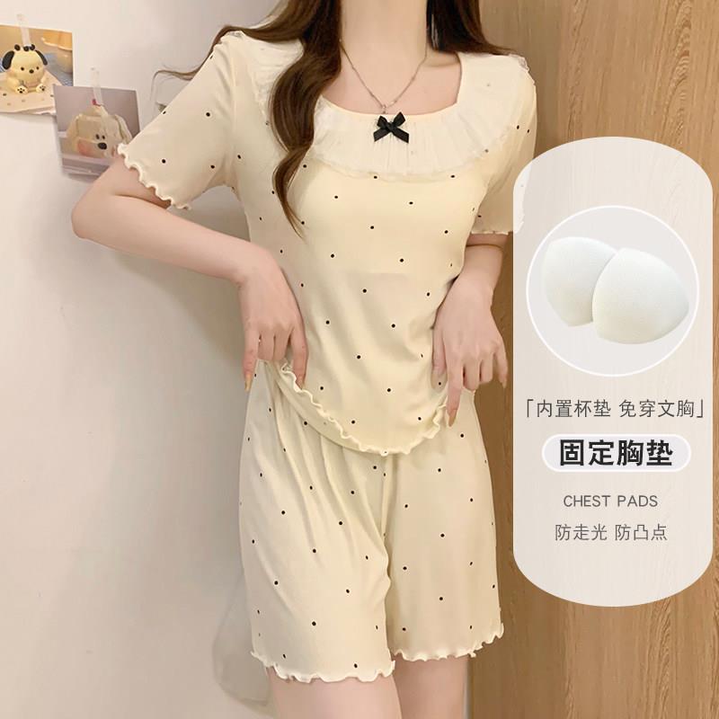 短袖睡衣女款夏季莫代尔2026新款女士纯欲蕾丝波点带胸垫杏色套装