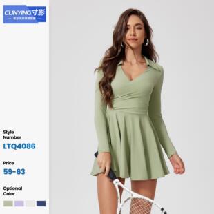 Women'S Golf Tennis Dress Polo Collar Long Sleeve A-Line
