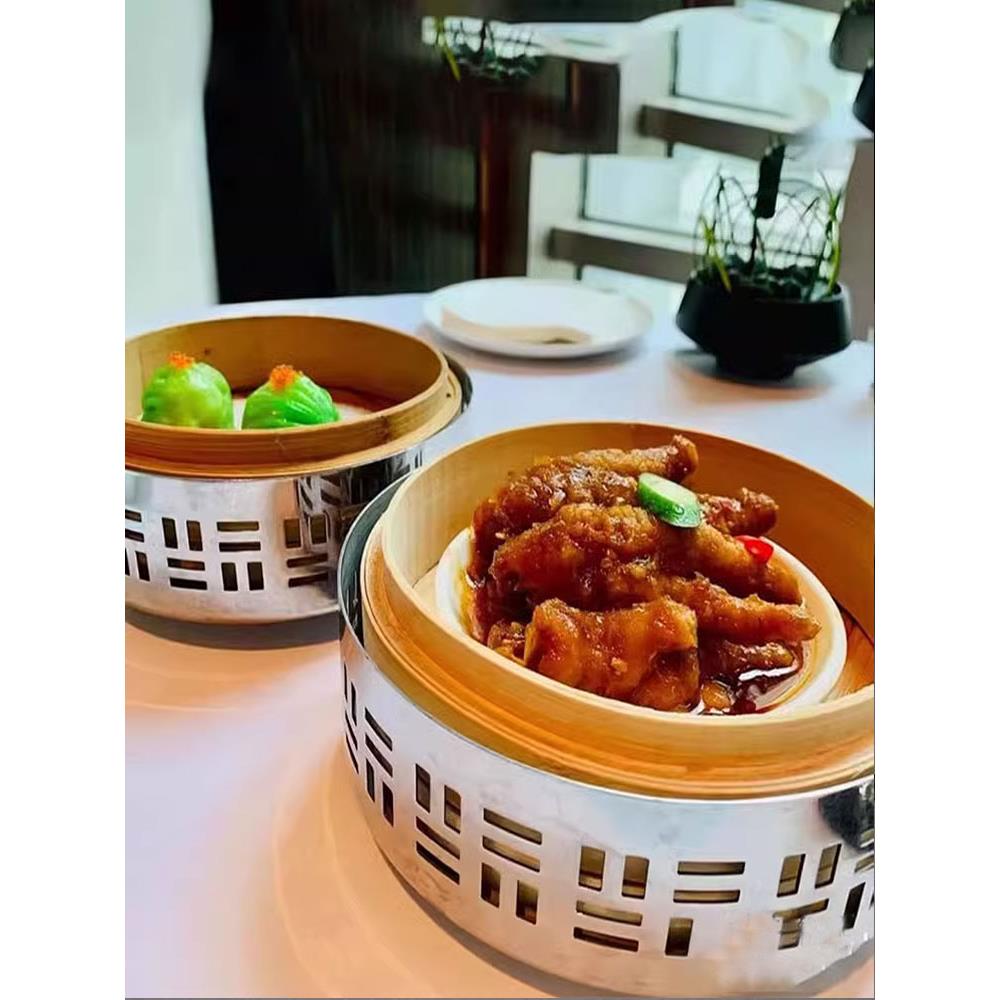 酒店创意不锈钢蒸笼高档中餐位上商用意境菜盘港式茶餐厅点心底座