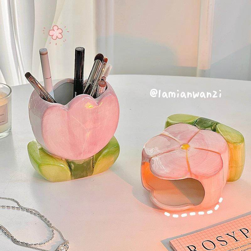 郁金香花朵入户玄关摆件钥匙收纳陶瓷高级进门口置物架鞋柜装饰品