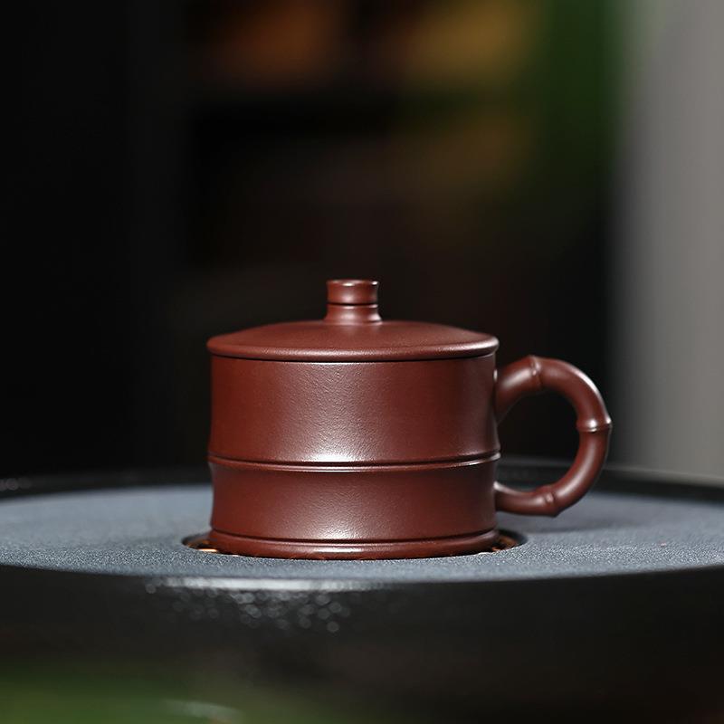宜兴紫砂带盖茶杯紫泥青段泥竹节杯单人专用主人泡茶杯紫砂茶杯