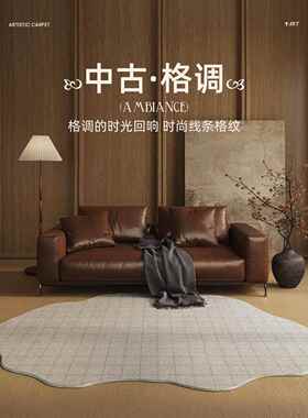 现代复古地毯客厅不规则设计卧室床边沙发毯法式中古地垫防水耐脏