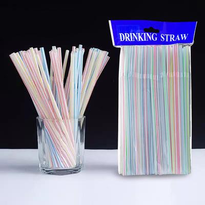 A pack of 100 disposable, colorful, bendable plastic straws.