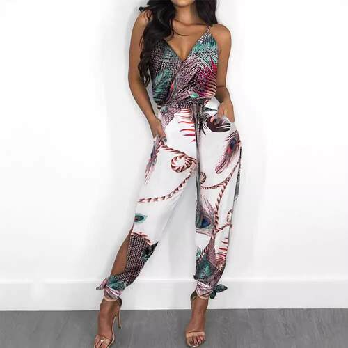 Peacock feather print sleeveless slit backless drawstring