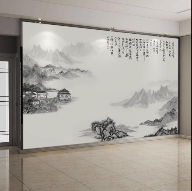 新中式水墨山水画电视背景墙壁纸客厅沙发壁纸简约办公室茶室壁画