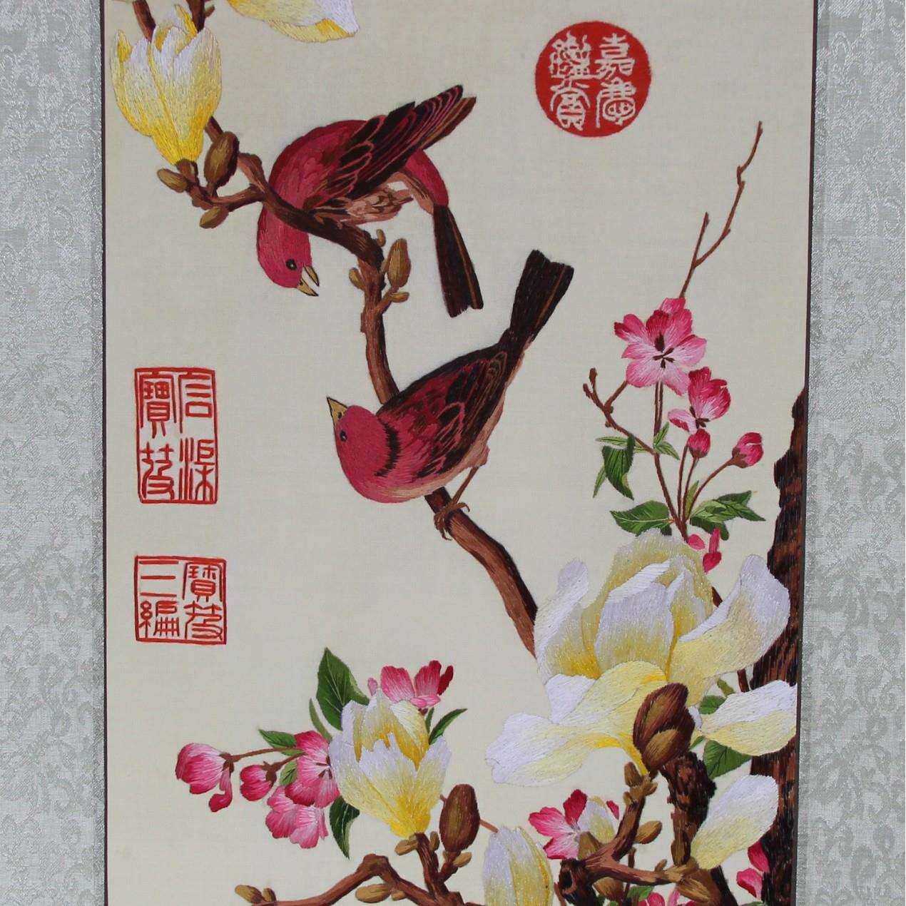 苏绣客厅书房办公室装饰画苏州手工刺绣软裱画郎世宁花鸟