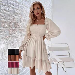 crepe parallel sewn body hem Square ruffle neck