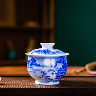 国家级大师刘培竹手绘青花主人杯健康茶器家用 满船清梦二才盖碗