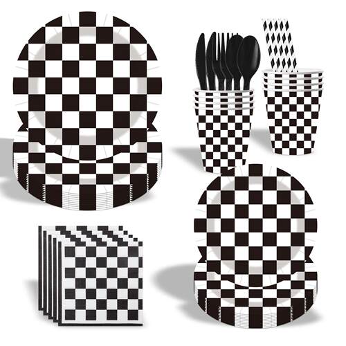 White Black Check Party Supplies 黑白格子一次性节日派对餐具