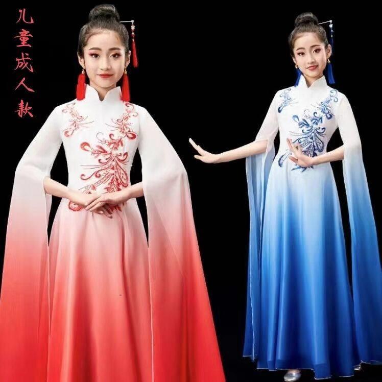 女童中国风中大童飘逸水袖儿童古筝演出服汉服长笛钢琴长裙表演服