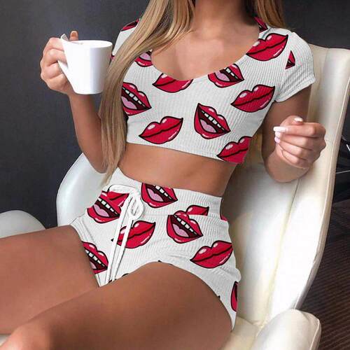 Sexy pajamas thin round neck milk silk print loungewear