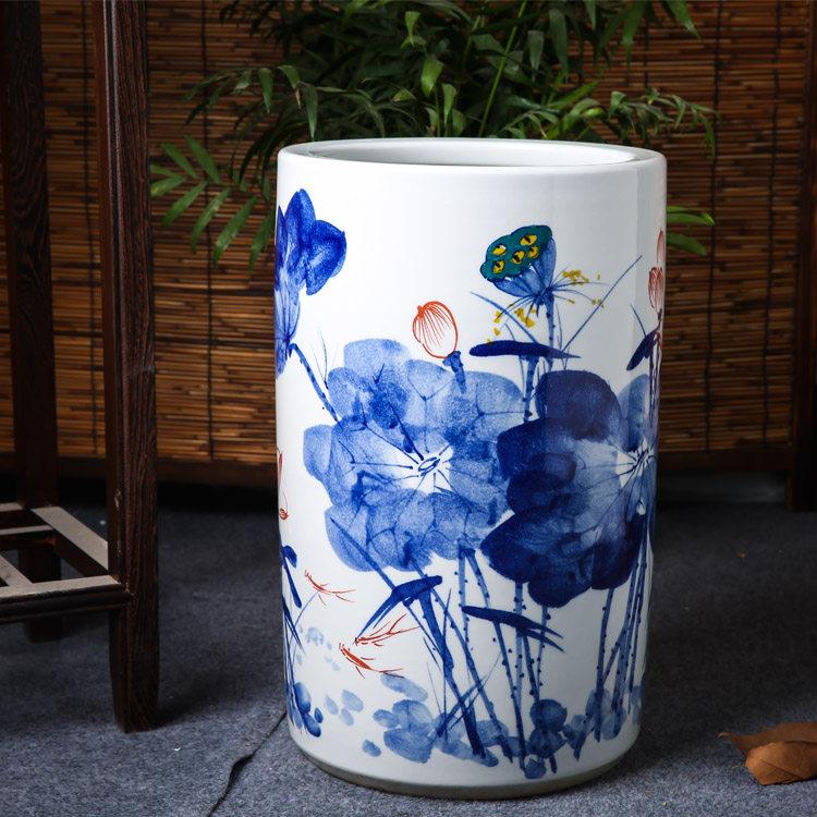 景德镇陶瓷书画 画筒卷轴缸手绘青花字画 画收纳缸伞桶瓶高落地装
