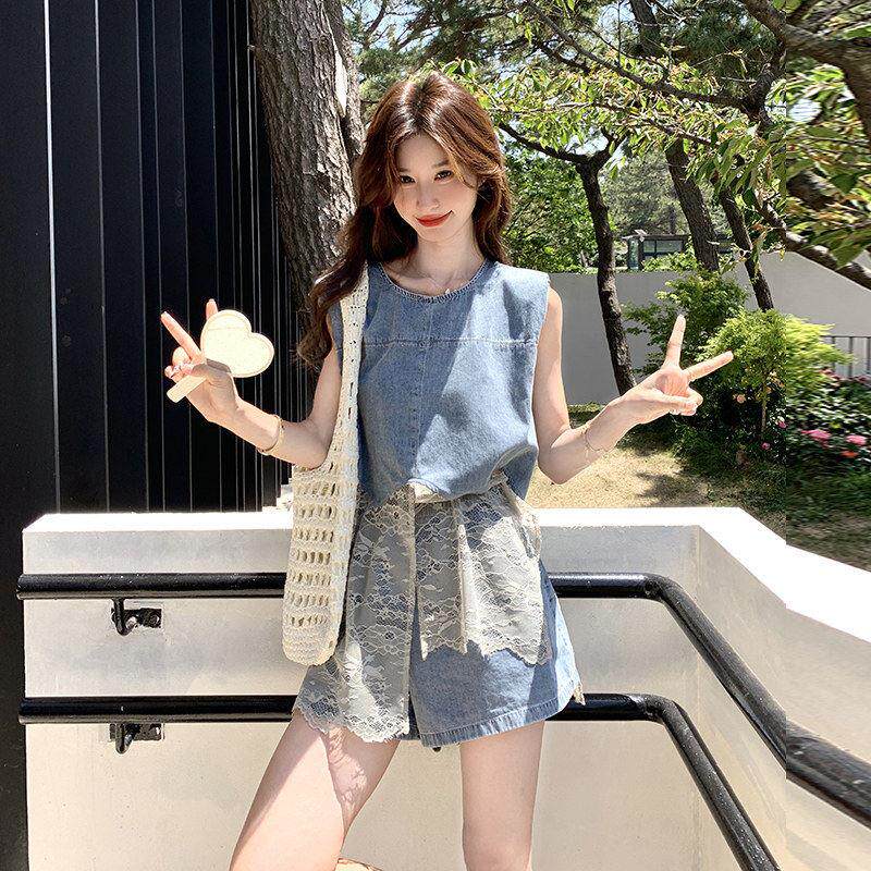 LILY MOST韩系蕾丝拼接牛仔马甲套装女夏薄款休闲显瘦短裤两件套